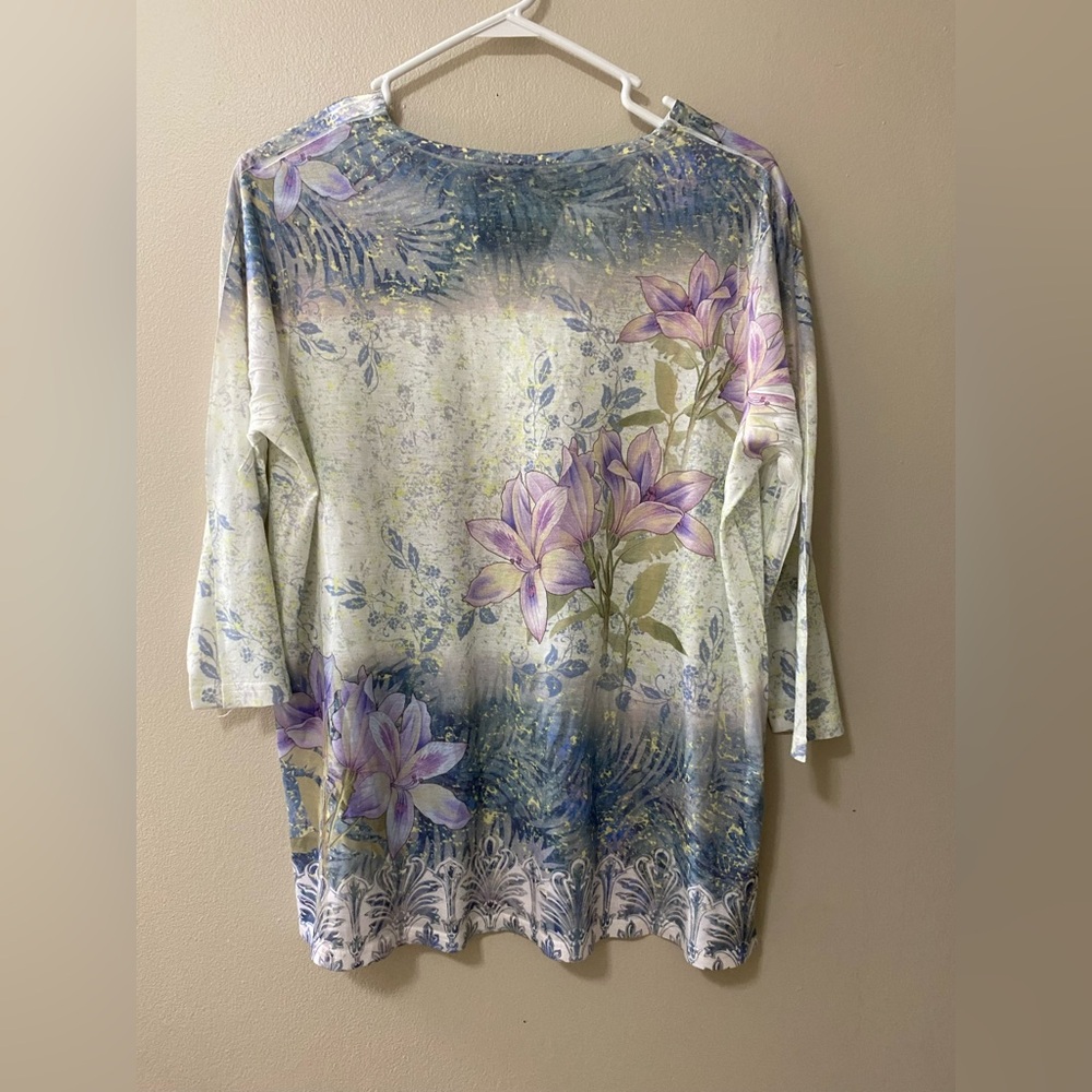 Boho womens large blouse floral lilac blue v-neck modest cottagecore - Picture 7 of 10